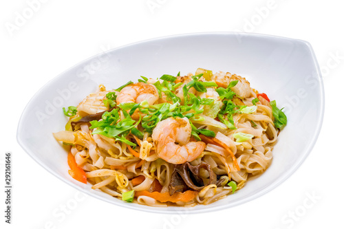 Vietnamese noodles with shrimp on white background isolated