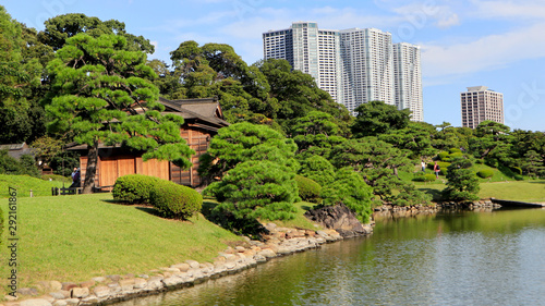 TOKYO, JAPAN. 2019 Sep 26th. View of Hamarikyu Japanese Garden and High-Rise Buildings.