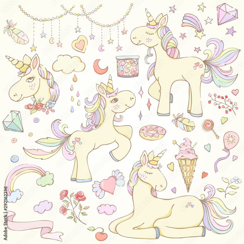 Fototapeta premium Magic unicorns elements set