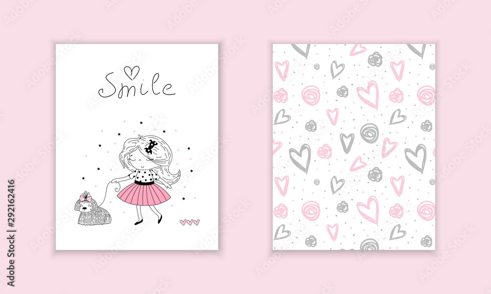 Hand drawn cute fashion cartoon girl and hearts background. Vector illustration.