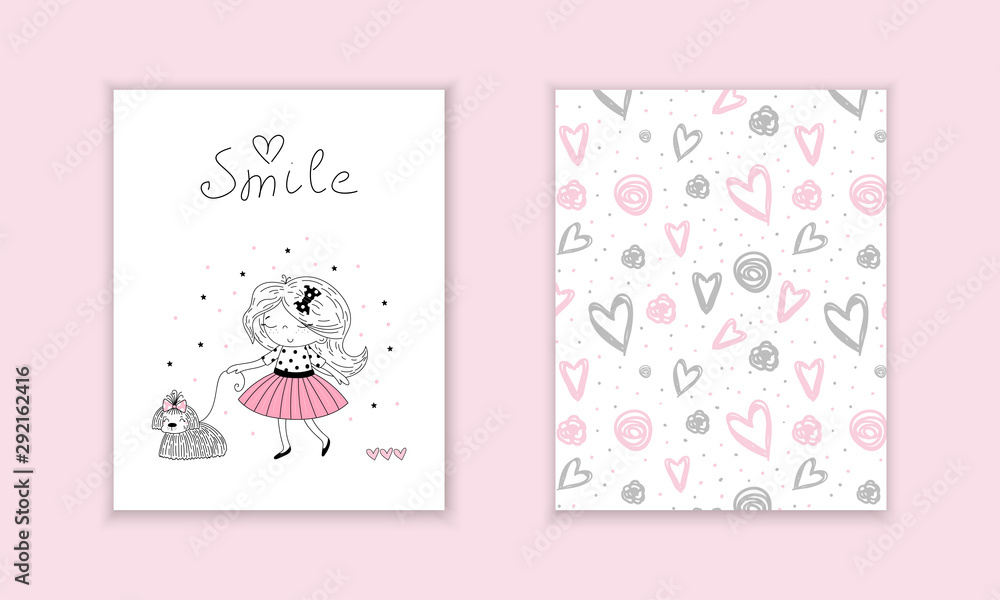Hand drawn cute fashion cartoon girl and hearts background. Vector illustration. Hand drawn cute fashion cartoon girl and hearts background. Vector illustration.