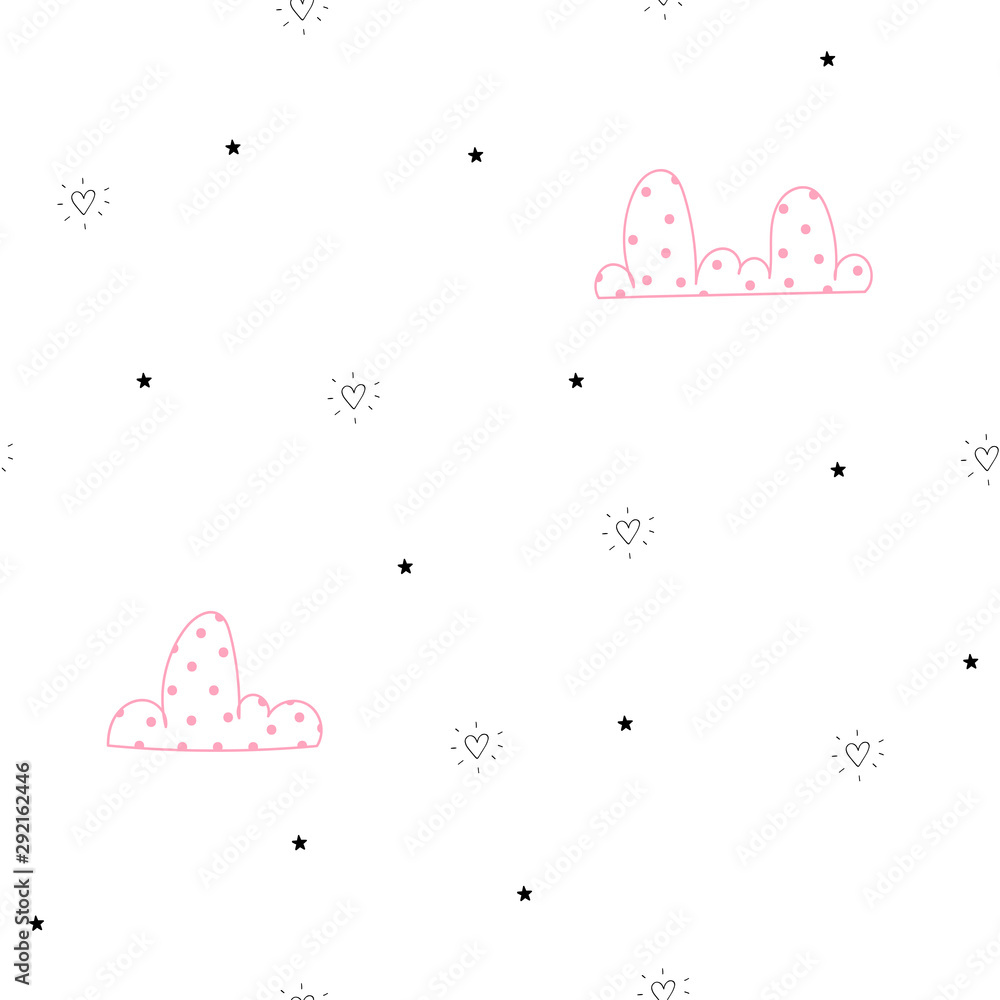 Hand drawn cute fashion seamless pattern background with clouds, heart, star