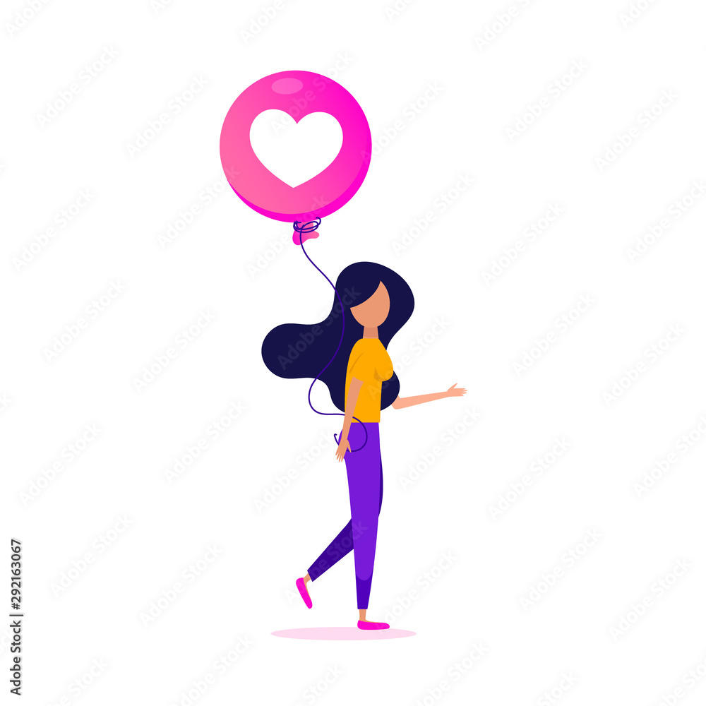 Likes in social networks. Creative poster concept with a young girl with a love balloon in her hands. Likes in social networks. Creative poster concept with a young girl with a love balloon in her hands.