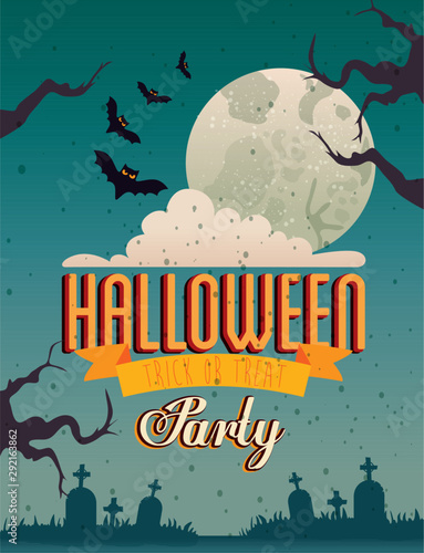 Halloween party card over cemetery background