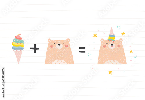 Bear with an ice cream, funny poster. Vector illustration in a scandinavian style.