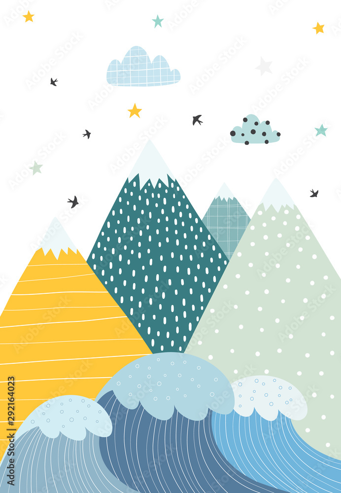 Mountains and waves in a scandinavian style. Illustration of nature for children. Vector illustration with a simple objects.