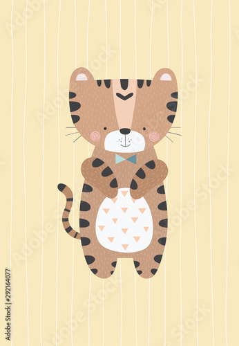 Shy tiger with a bow tie on a simple background. Vector illustration in a scandinavian style. Funny poster.