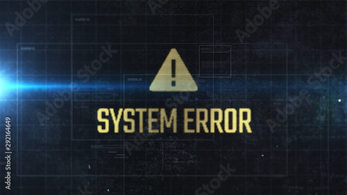 Foto System error message with yellow sign on LCD display with pixels visible