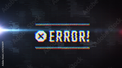 Application bug detected. Error message with cross sign. LCD text with cyber glitch effect. HUD. Futuristic software interface with warning popup.