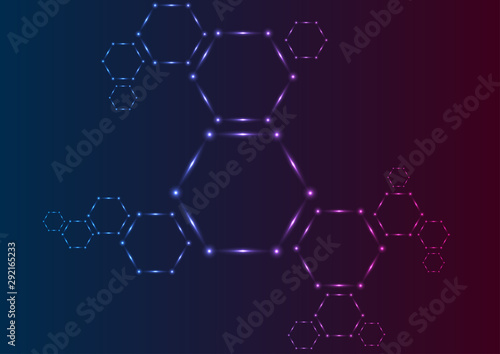 Dark blue and purple neon abstract hexagon molecules tech background
