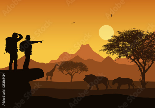 Realistic illustration of african safari with mountain landscape and trees, lion and giraffe and flying bird. Two hikers with backpacks, man and woman under orange sky with rising sun, vector
