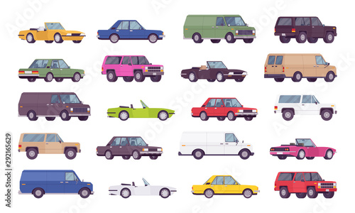 Cars big bundle set. Coupes, sedans, family trucks and hybrid vehicle collection, city transport models and country automobile. Vector flat style cartoon illustration isolated on white background