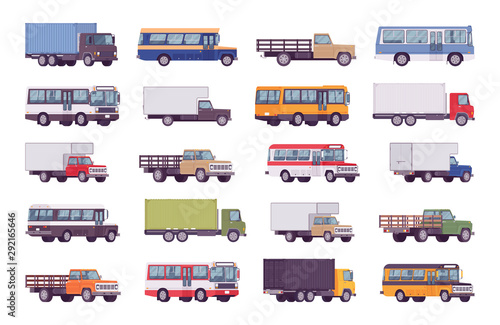 Trucks big bundle set. Large, heavy road vehicles for carrying goods, materials, troops, school passenger bus and industrial lorry. Vector flat style cartoon illustration isolated on white background