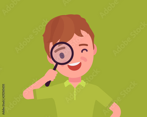 Boy with magnifying glass. Schoolboy looking through hand lens, searching focus, data or information, scientific research, safe kids internet browsing and study. Vector flat style cartoon illustration