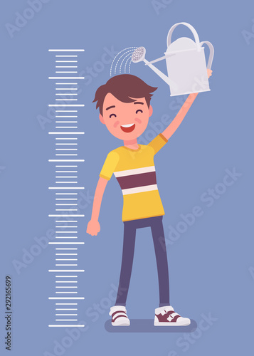 Boy at child height growth chart with watering can. Happy schoolboy pouring water over his head to grow bigger, older and taller, kid developing into teenager. Vector flat style cartoon illustration