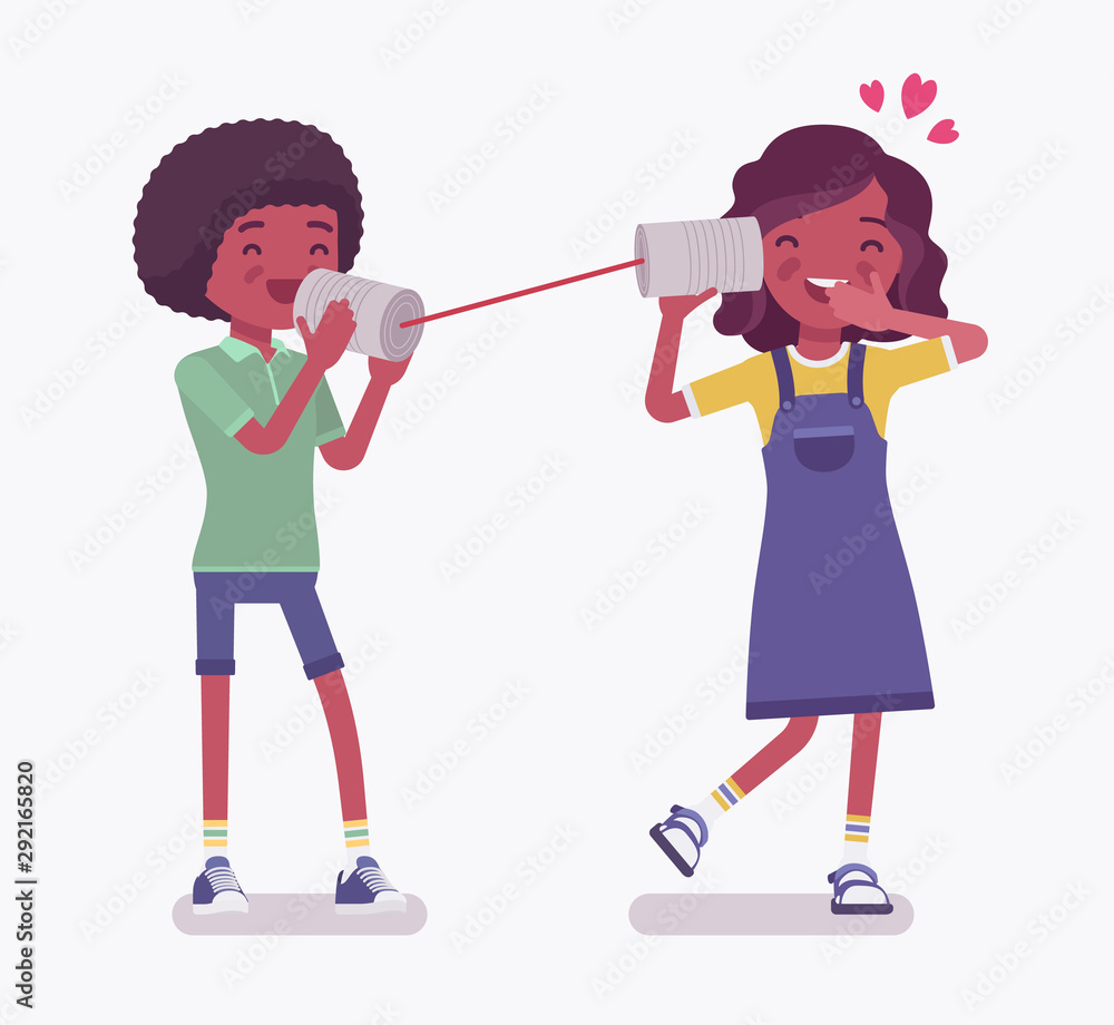Black boy, girl speaking by tin can telephone. Two friends playing in string phone, love expression for girlfriend, romantic talk, loving relationship on dating. Vector flat style cartoon illustration Black boy, girl speaking by tin can telephone. Two friends playing in string phone, love expression for girlfriend, romantic talk, loving relationship on dating. Vector flat style cartoon illustration