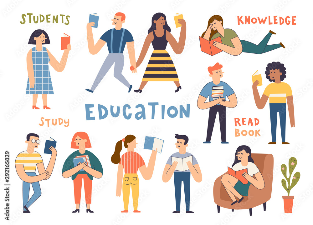 Group of cute reading people. Cartoon hand drawn students, book lovers, readers, modern literature fans. Funny characters studying, men and women preparing for examination. Flat vector illustration. Group of cute reading people. Cartoon hand drawn students, book lovers, readers, modern literature fans. Funny characters studying, men and women preparing for examination. Flat vector illustration.