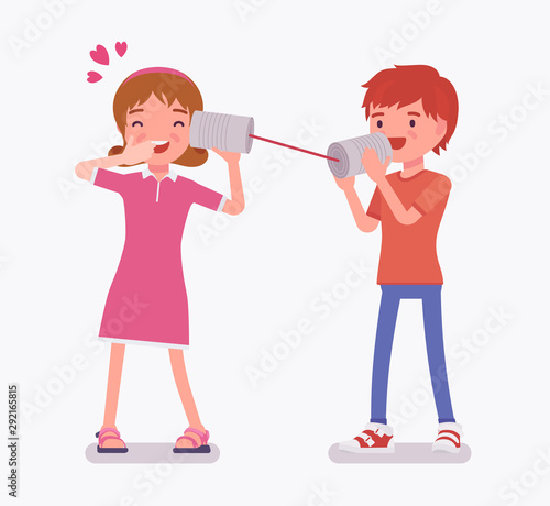 Boy and girl speaking by tin can telephone. Two friends playing in string phone, love expression for girlfriend, romantic talk and loving relationship on dating. Vector flat style cartoon illustration