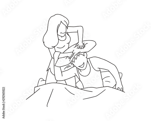 loving young couple be jolly on bed. vector illustration isolated cartoon hand drawn line art