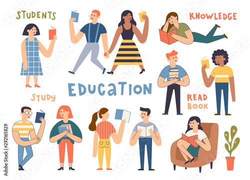 Group of cute reading people. Cartoon hand drawn students, book lovers, readers, modern literature fans. Funny characters studying, men and women preparing for examination. Flat vector illustration.