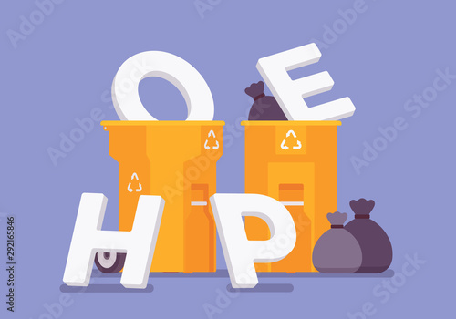 Hope letters put it in the trash bin. Metaphor of lost optimism, expectation and desire, stop believing in worthless or useless dream, refuse waiting for help. Vector flat style cartoon illustration