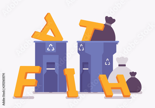 Faith letters put as rubbish into bin. Metaphor of lost trust or confidence, refusal to believe and accept, total rejection, crashed spiritual idea of religion. Vector flat style cartoon illustration