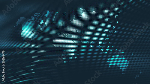 Abstract blue background with digital waves of particles and world map. Globe texture.