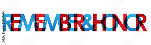 REMEMBER & HONOR blue and red typography banner with stars and stripes