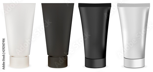 Cream tube. Cosmetic tube mockup. Isolated package black, white. Skin moisturizer packaging blank. Gel, lotion product pack. Plastic toothpaste bottlein realistic glossy design. Hand cream container