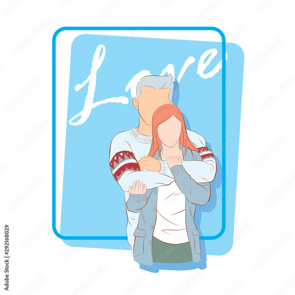 a cute cartoon of young lover coupon in winter suit. A good relationship in a happy   fallen in love couple. Handsome man hug his girlfriend from the back. Happy valentine or love in winter concept.