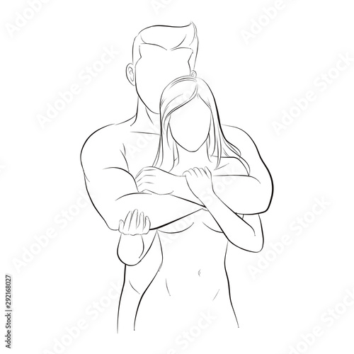 a cute cartoon of young lover.A good relationship in a happy   fallen in love couple.Handsome man hug his girlfriend from the back. both naked .Happy valentine concept.