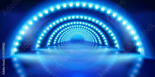 Stage podium during the show. Blue background. Fashion runway. Vector illustration.