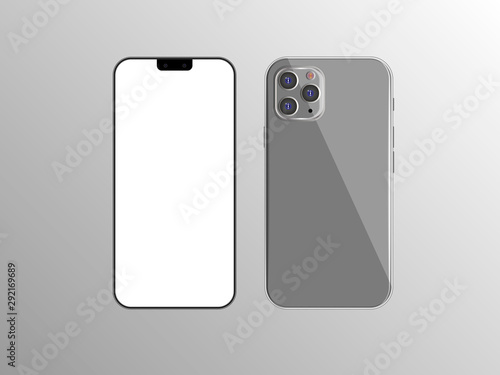 New Iphone 11 vector flat graphic illustration. Smartphone mock up frameless blank screen isolated on background. Front and colorful back side. Concept for app, web, presentation