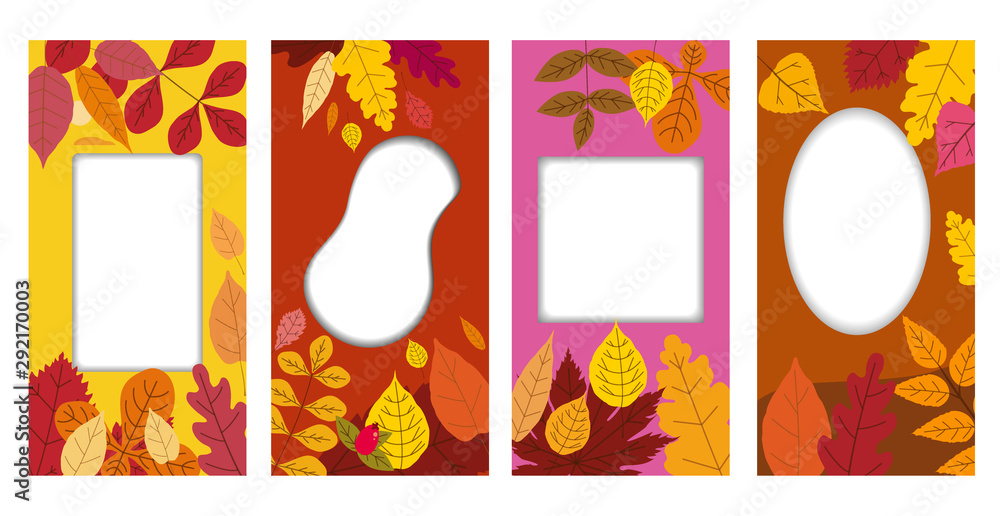 Set autumn templates backgrounds of autumn fallen leaves orange yellow foliage. Social media stories banners