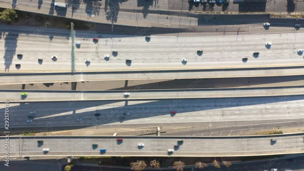 4K. Topdow aerial view on many lines of a roadbed of Los Angeles multi ...