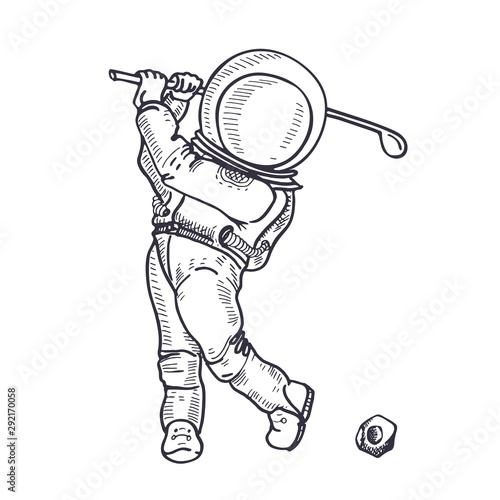 Astronaut with a golf club. The game of golf. Coloring Page.