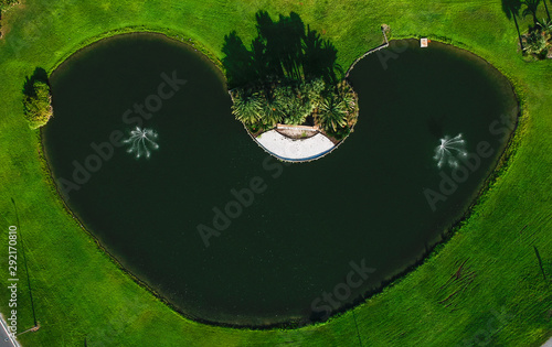 Drone shot over a pond with palm trees during the summer