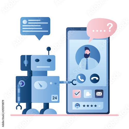 Chatbot robot concept background. Dialog help service. User avatar on smartphone screen and bot with speech message