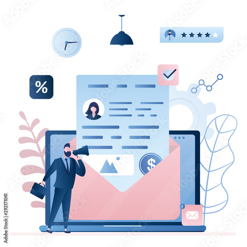 Email marketing concept background. Laptop with inbox mail and businessman using megaphone for promotion.