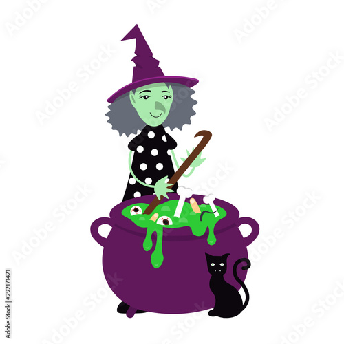 Witch brewing potion. Flat cartoon vector illustration isolated white background.