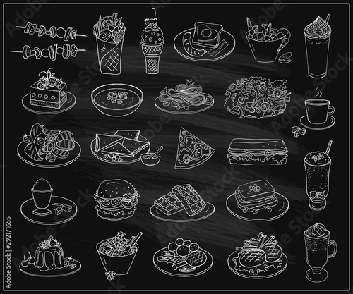 Assorted dishes food symbols set on a chalkboard, line graphic illustration