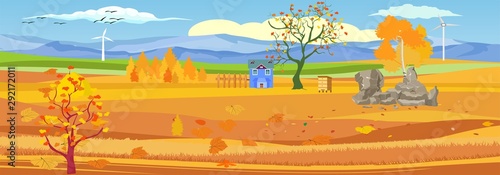 Panoramic of Countryside landscape in autumn, illustration of horizontal banner in autumn green and yellow hills, farm house, leaves falling from trees.