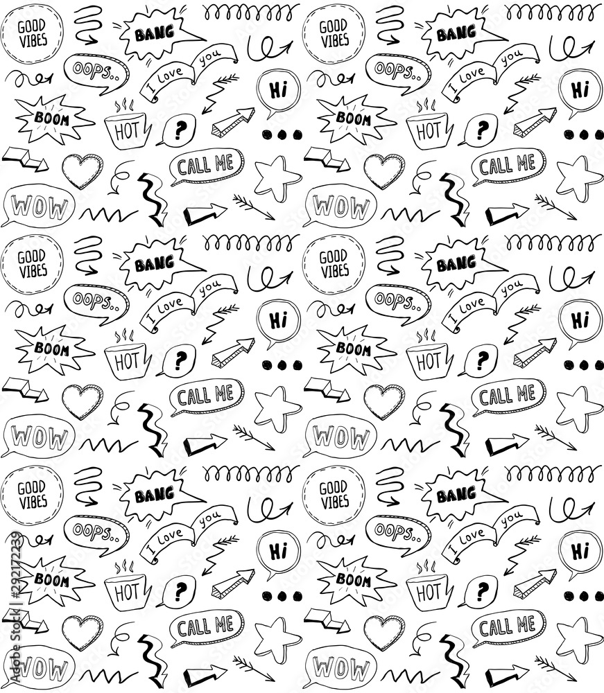 Black and white doodle style seamless pattern with comic style elements