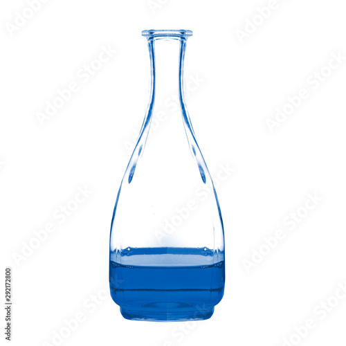 Bottle glass and color water on white background.