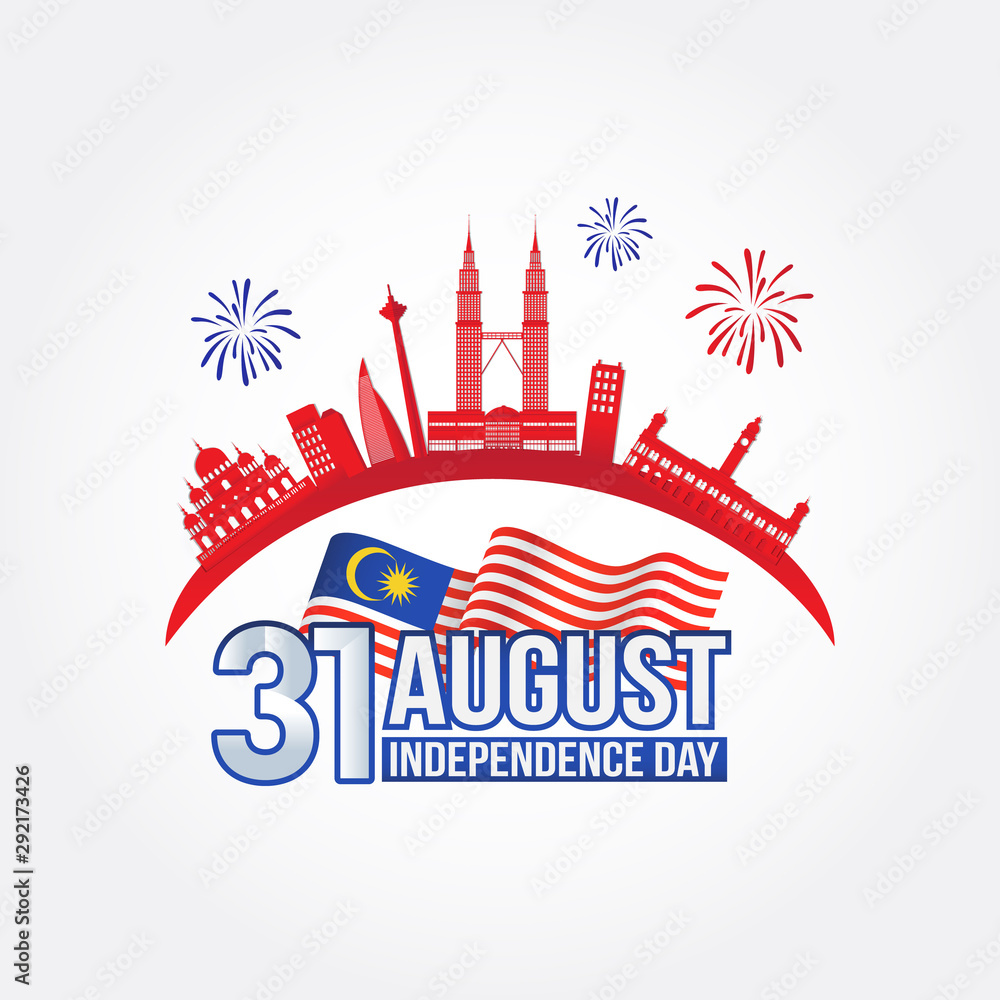 31 August. Vector illustration of malaysia Independence Day celebration with city skyline