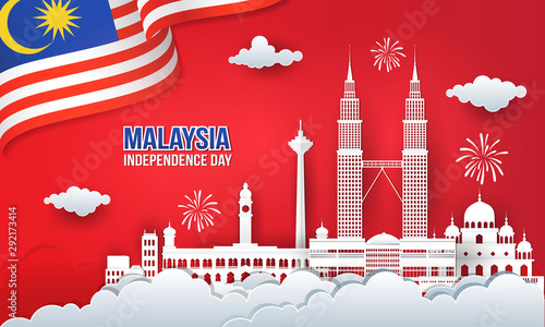 Vector illustration of  malaysia Independence Day celebration with city skyline, malaysia flag and fireworks in paper cut and digital craft style