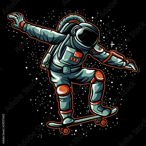 Astronaut skateboarding in the galaxy vector illustration. Astronaut design for t-shirt, sticker, or poster
