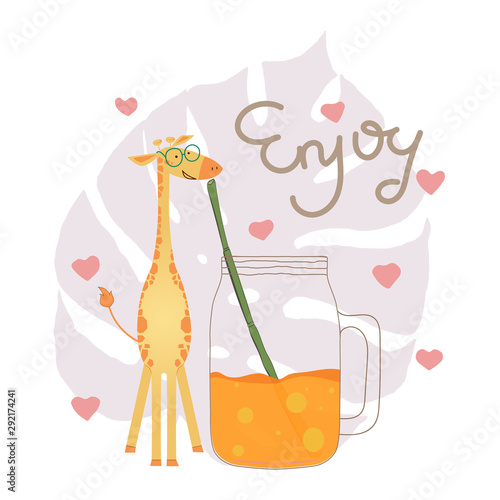 Hand drawn illustration of a cute giraffe with glasses enjoys a cocktail on the background of a leav of monstera. Tropical drink in a glass jar and with bamboo straws. Beach bar or in the jingles. 