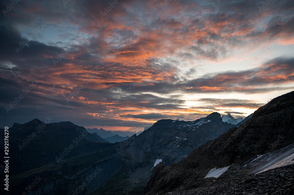 sunrise mood at Blümlisalphütte SAC in the Bernese Alps