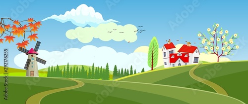 Panoramic of Countryside landscape in spring  illustration of horizontal banner in autumn green and yellow hills  farm house  leaves falling from trees.